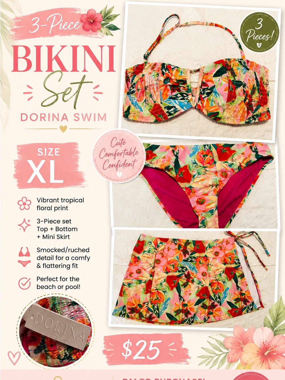 Woman’s Tropical Floral 3-Piece Bikini Set - XL - Pink/Coral